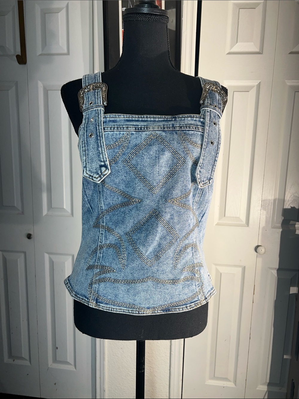 Light Blue Denim Embellished Strap Tank Top